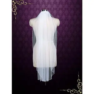 One Layer Fingertip Short Wedding Veil with Pearls and Crystals VG1074