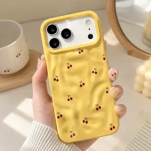 Textured Meteorite Cherry Smartphone Case, Protective Cellphone Cover for iPhone 17/16/15/14/13/12 Pro Max/XS - Girly Vintage Aesthetic Mobile Tech Accessory with Lens Guard, Strap for Elegant Protection, Phone Accessories