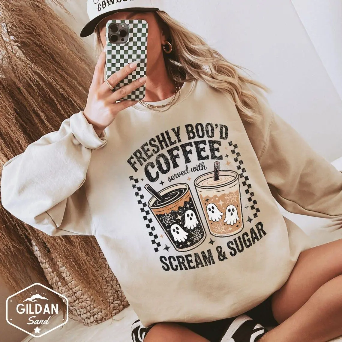 Freshly Boo'd Coffee Sweatshirt, Halloween Coffee Lover Crewneck, Ghost Coffee Graphic Sweatshirt, Spooky Fall Pullover Gift for Women
