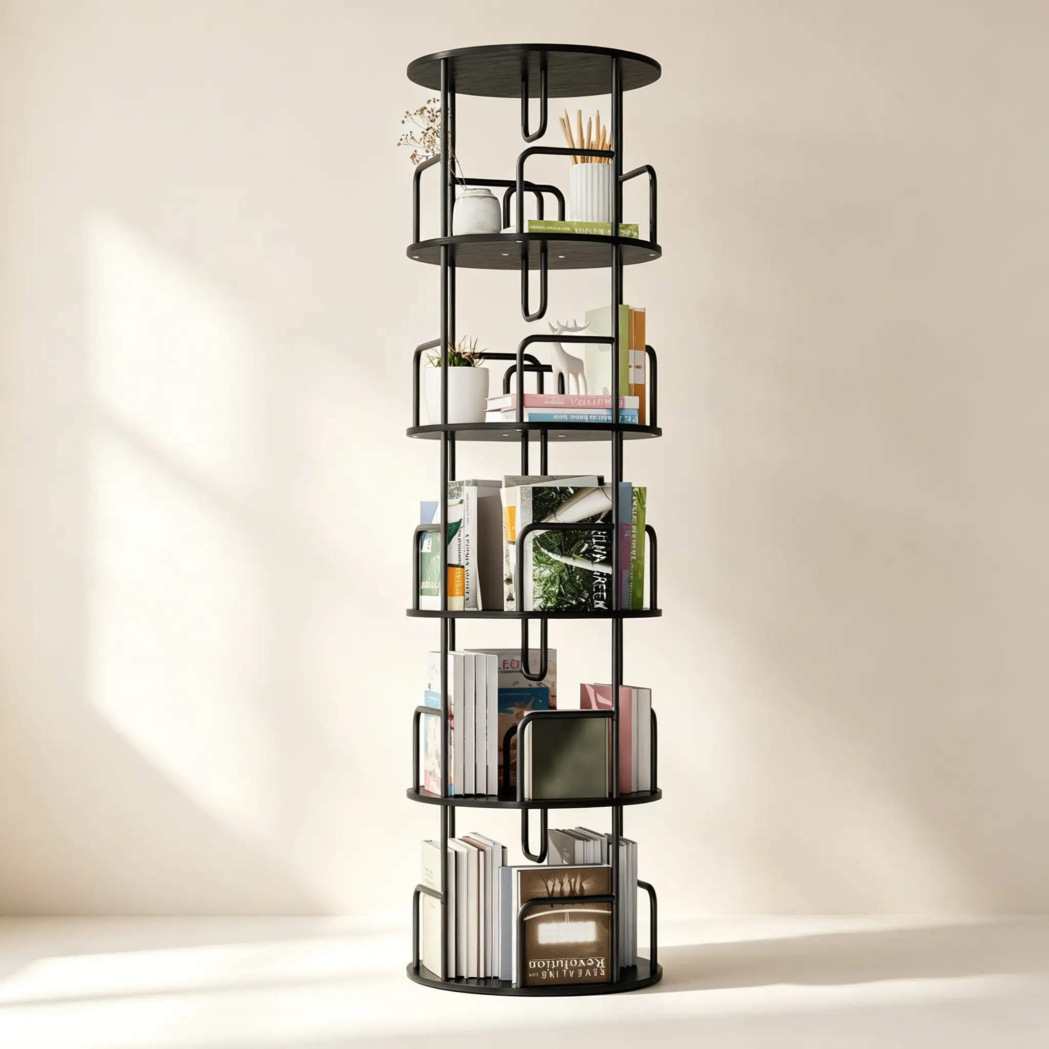 5-Tier Black MDF-Iron Rotating Bookcase Tower - 360-Degree Revolving Narrow Tall Vertical Round Storage Shelf for Home, Office