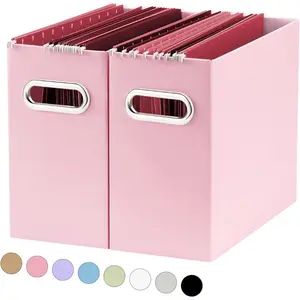 File Organizer, 2 Packs Small Storage Box, Cardboard File Folder Organizer, Collapsible File Box For Hanging File Folders Letter Size, Portable Filing Organizer With Handle (Pink)