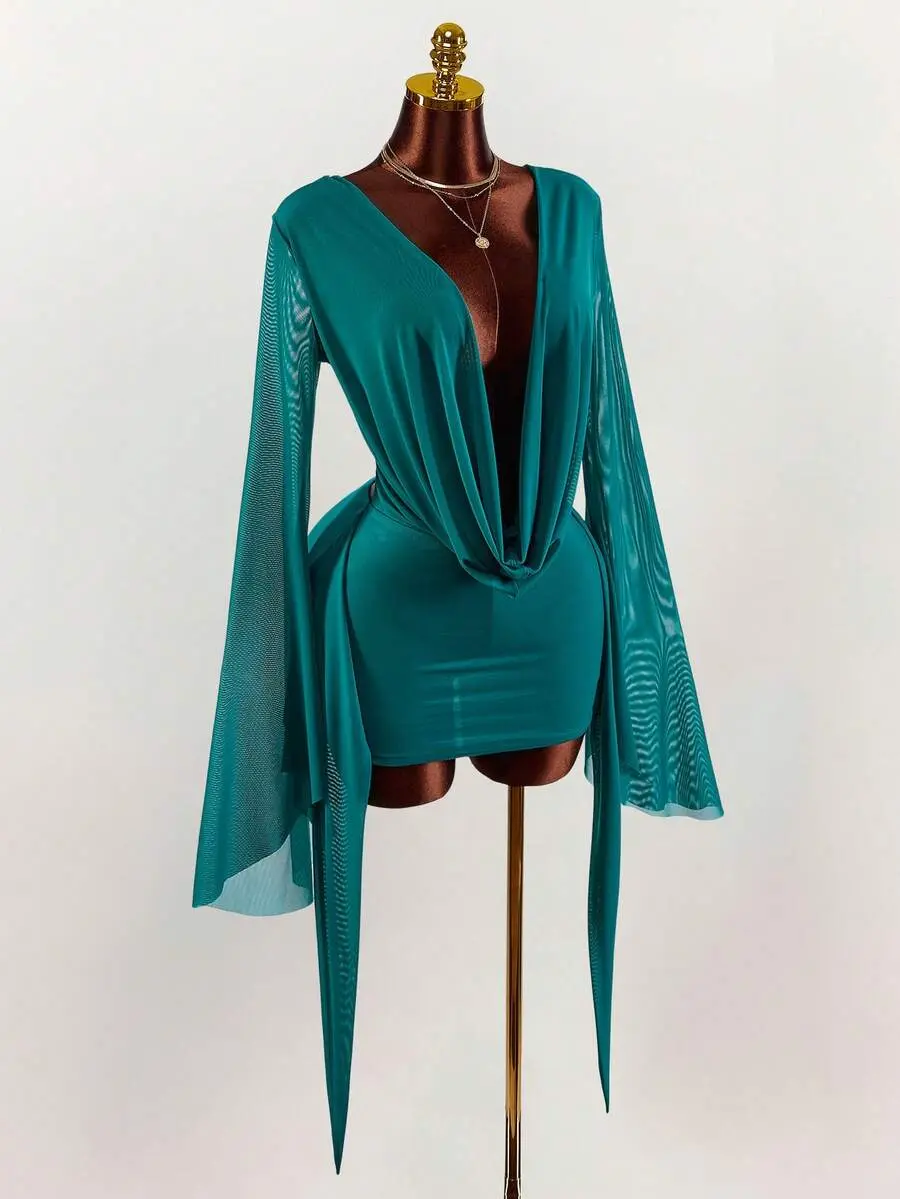 JADEE Romantic Sexy Vacation Earthy Tone Low Cut Draped Collar Flared Bell Sleeve Bodycon Mini Dress Night Out Teal