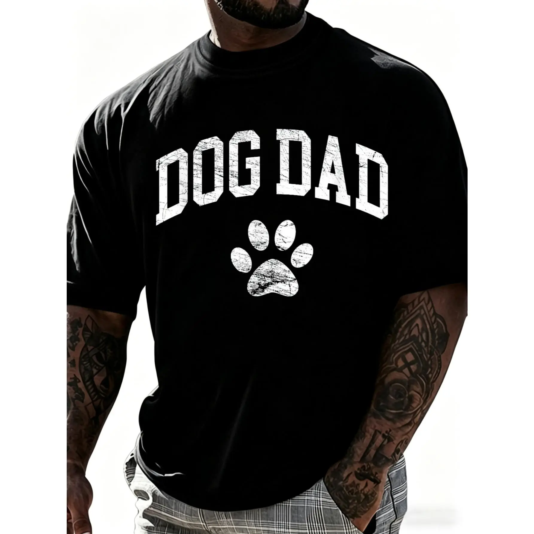 100% Cotton Dog Dad - Distressed Design Style - Funny Dog Paw - Classic Black T-Shirt