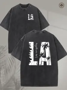 valentine shirts Men's Vintage Palm Tree Graphic T-Shirt - 230GSM Heavy Washed Cotton Short Sleeve Shirt, Double-Sided Retro California Beach Design for Streetwear, Outdoor & Travel, Loose Fit Casual Tee