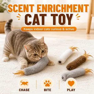 4PCS Scent Enrichment Cat Toys, Feather Tail Plush Cat Toys with Gall Fruit Core, Interactive Toys for Indoor Cats, Chase Bite Pounce Play