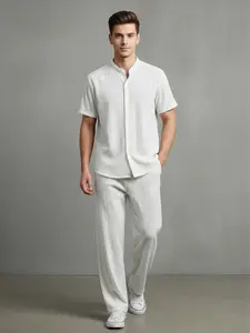 Men's Summer 2 Piece Linen Look Matching Set - Short Sleeve Mandarin Collar Shirt & Breathable Long Pants - Premium Old Money Resort Wear for Beach Vacations & Casual Daily Chic