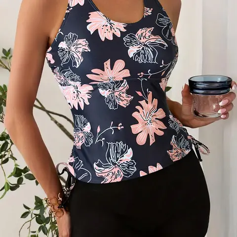 Women's Floral Print Tankini Set, Adjustable Strap Swim Top & Swim Shorts, Two-piece Swimsuit for Beach Holiday Vacation, Tankini Set Bathing, Floral Pattern Tankini, Floral Printed Swimwear, Tankini Beachwear, Tankini Swimsuits Women, Swimwear Sets