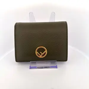 Pre-owned FENDI Calfskin Leather Wallet Compact Bi Fold in Olive Green with Gold Tone "F" Logo & Card Slots
