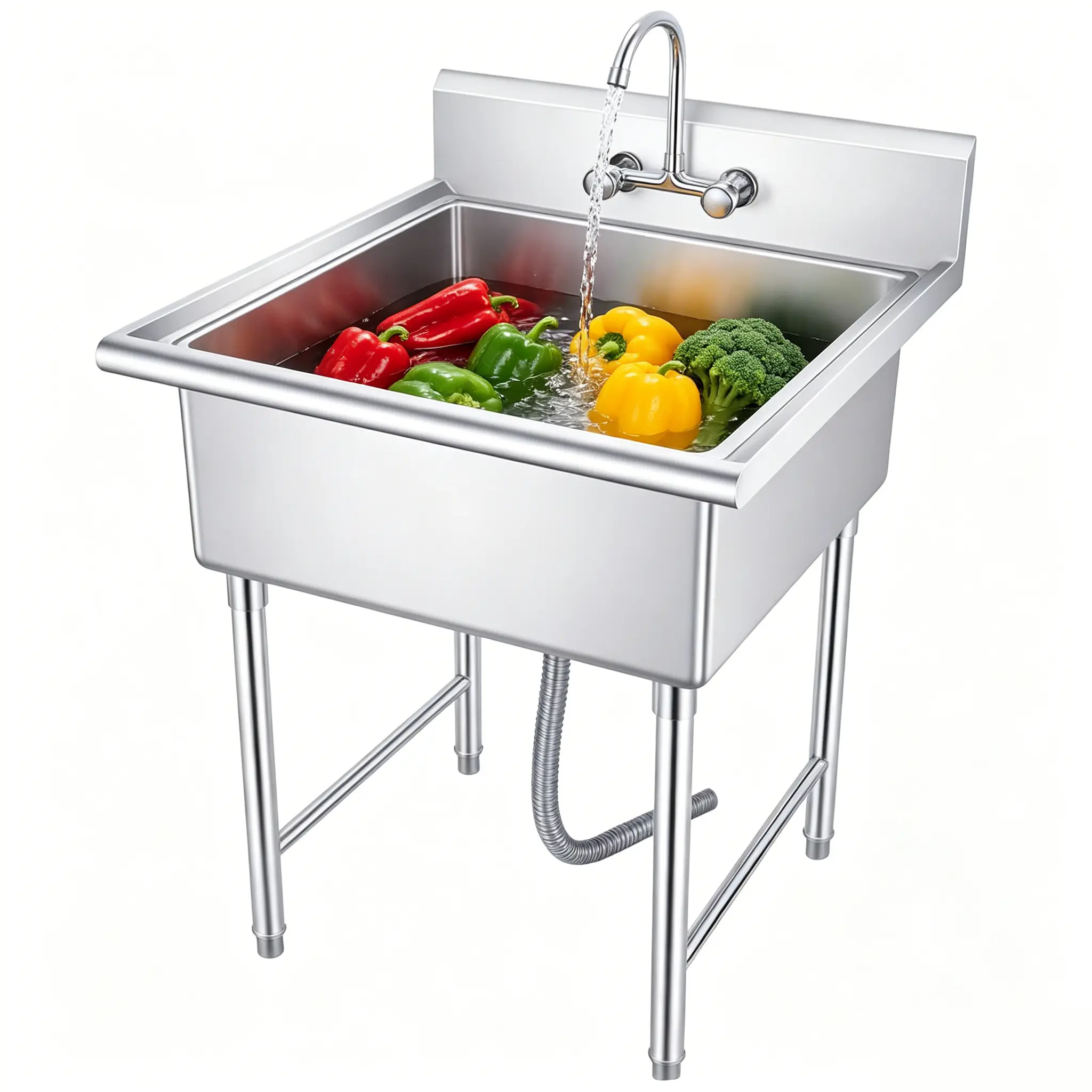 27-Inch Freestanding Stainless Steel Single Bowl Utility Sink, Top Mount Portable with 360° Swivel Faucet, Hot & Cold Pipes, 11 gal cap., Drain Assembly, Ceramic Elements, High Backsplash, Basket Strainer for Commercial Kitchens, Restaurants, Leg Sleeves,