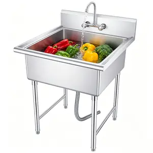 27 Inch Practical Freestanding Stainless Steel Single Bowl Utility Sink, Equipped with 360° Swivel Faucet and Hot & Cold Water Pipes. Portable Design, Ideal for Home Laundry Rooms, Restaurants, Outdoor Kitchens, Garages and Various Commercial Spaces.