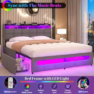 Bed Frame with 4 Storage Drawers, LED Lights, Upholstered Leather Headboard, Strong Wooden Slats, Adjustable Headboard with Smart Control  LEDs