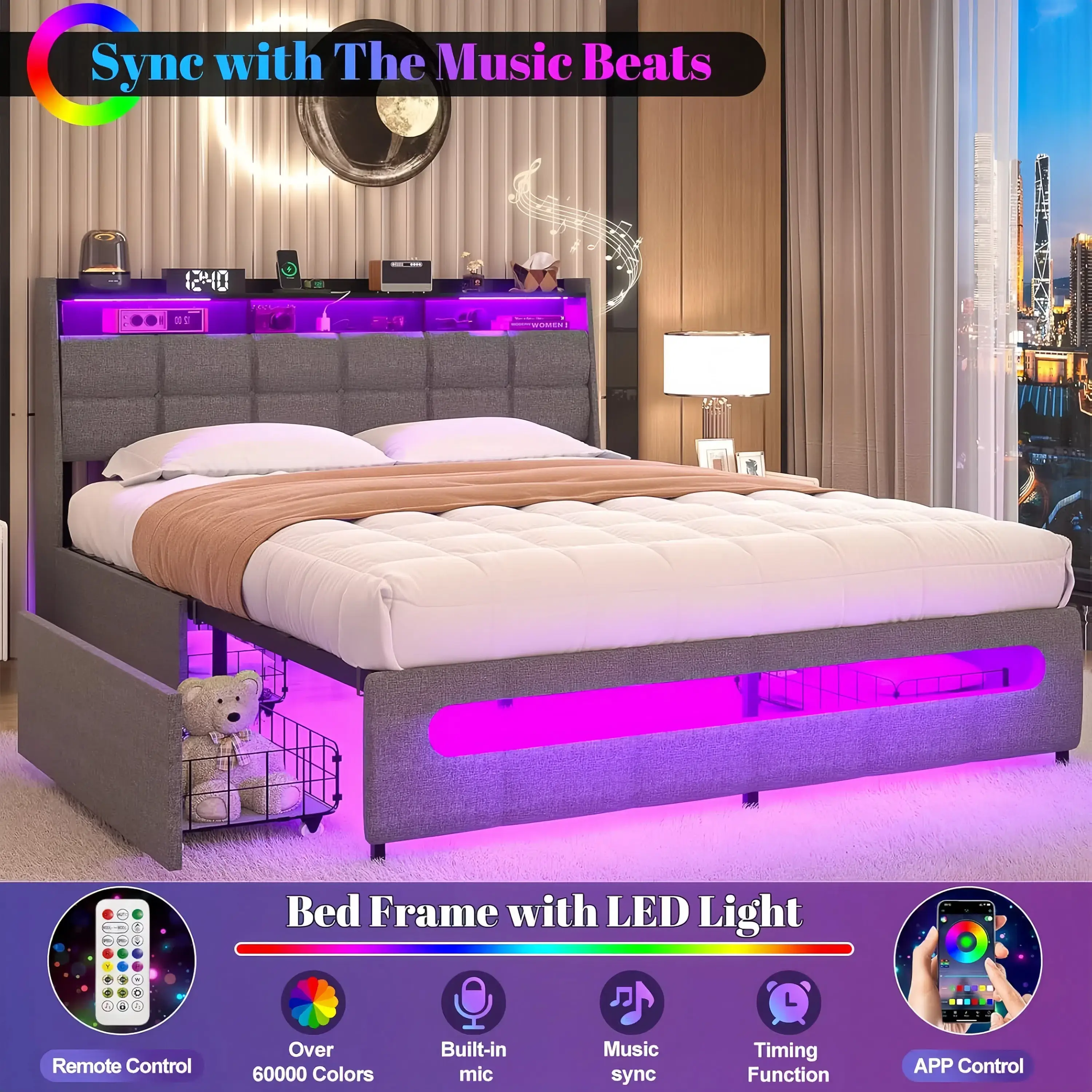 Bed Frame with 4 Storage Drawers, LED Lights, Upholstered Leather Headboard, Strong Wooden Slats, Adjustable Headboard with Smart Control LEDs