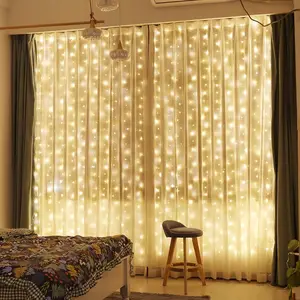 Elf Curtain String Lights, Copper Wire Hanging Window Lights, Waterfall Light, 300 Leds, Led Light Strips, 118x118 Feet, 8 Lighting Modes, Bedroom background wall, room layout, windows, interior decoration, applicable for all festivals, Romantic