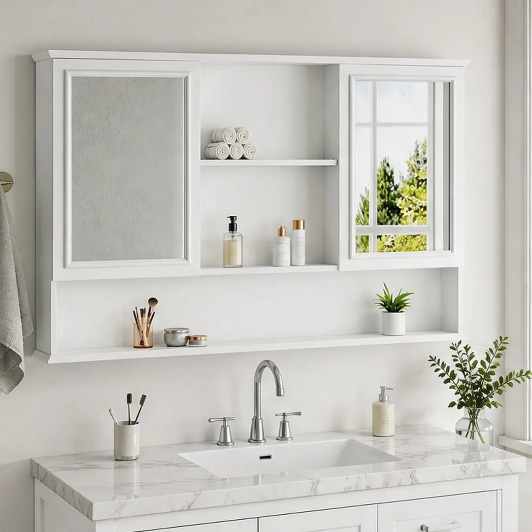 60-Inch Wall-Mounted Bathroom Medicine Cabinet with Double Mirrored Doors, Adjustable Shelves, Open Storage, Soft-Close Hinges, White Painted MDF and Pine, Classic Modern Style, Space-Saving Organizer for Toiletries and Cosmetics