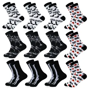 Gift Socks for Her Fall,Halloween Socks Halloween Themed Crew Socks, 12 Pairs Bats Pumpkins Ghosts Print For Women And Men, Funky Colorful Crew Socks Cotton Patterned Socks