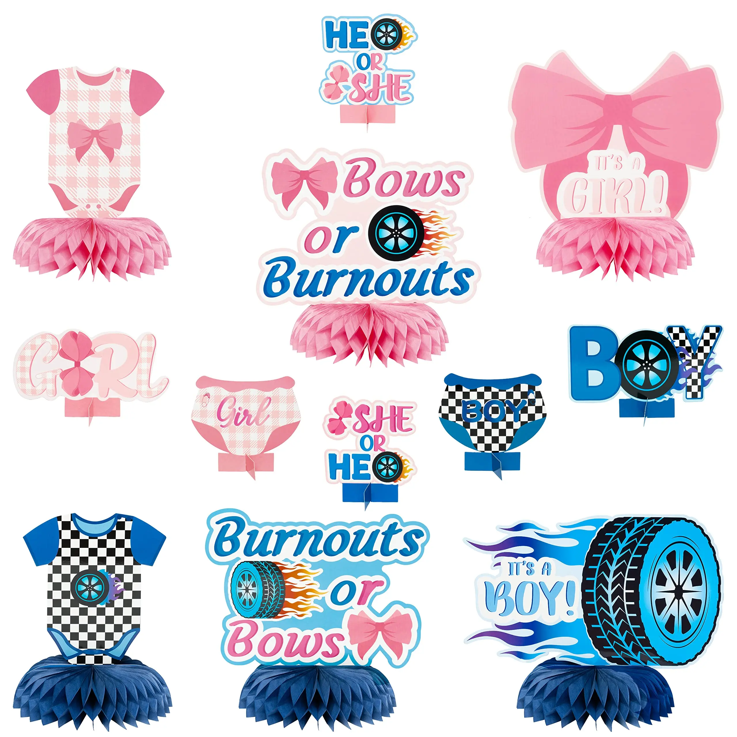 Gender Reveal Honeycomb Centrepieces Set - 12-Piece Festive Party Decor with Car, Bow Tie for Party Gifts