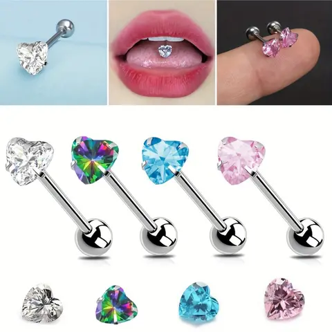 4 Piece Set Multi-Color Heart-Shaped Tongue Studs, Body Piercings, Elegant Simple Design, Versatile Piercing Jewelry, Stylish Accessory for Women, Chic Body Jewelry, Pierce