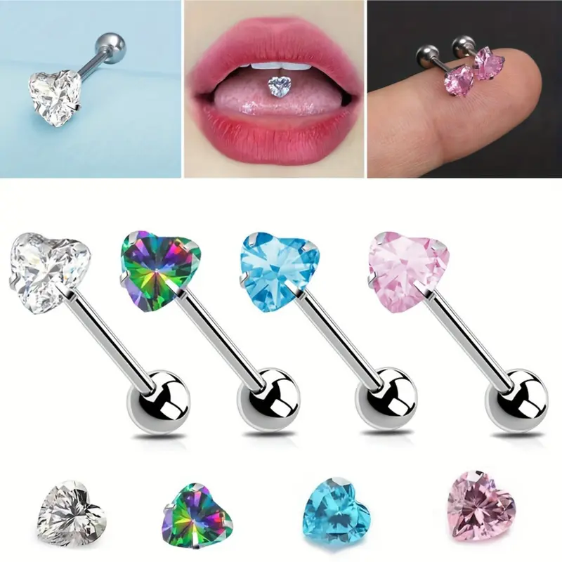 4 Piece Set Multi-Color Heart-Shaped Tongue Studs, Body Piercings, Elegant Simple Design, Versatile Piercing Jewelry, Stylish Accessory for Women, Chic Body Jewelry, Pierce