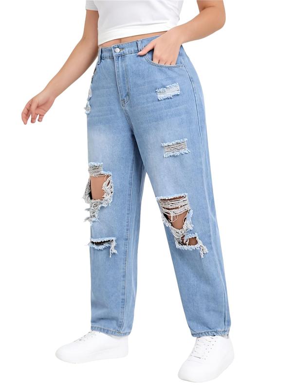 Women's Plus Size High Waist Loose Fit Jeans, Fashionable Ripped Long Pants, Casual Denim Trousers for Comfort and Style
