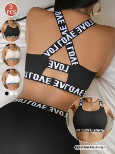 Women's Letter Cross Shoulder Strap Cotton Sports Backless Vest, Loose-Fitting Fashion Lingerie, All Seasons, No Collar, Colorblock Pattern, Colorblock Sports Bra