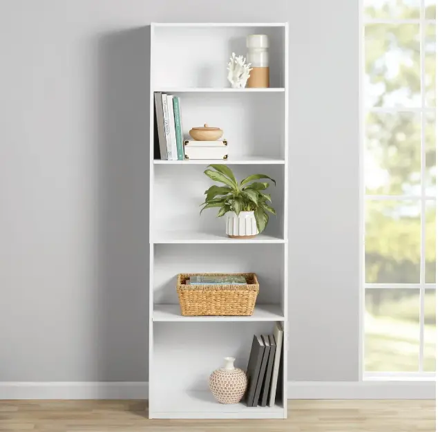 5-Tier White Bookcase – Adjustable Shelves, Perfect Storage