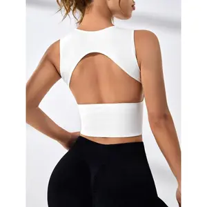Women's Cut Out Round Neck Crop Sports Vest, Summer Outfits 2024, Sporty Plain Cropped Sports Tank Top for Gym Workout Tennis Pickleball, Women Sport & Clothing