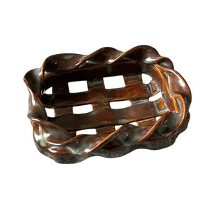 Signed Dark Brown and Gray Glazed Heavy Ceramic Woven Decorative Basket