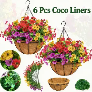 Bamworld 6 Pcs Coco Liners for Hanging Baskets Round Coco Liner Natural Coco Fiber Basket Replacement Liner for Planters Flower Pot Indoor Outdoor Garden 11 Inch