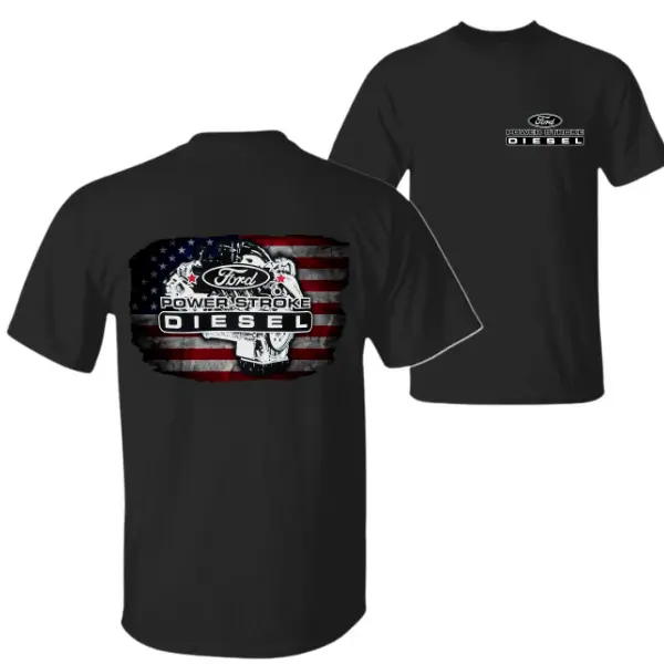 Ford Power Stroke Diesel American Flag T-Shirt – Distressed USA Flag with Power Stroke Engine Graphic Tee, Perfect for Ford Diesel & Truck Enthusiasts.