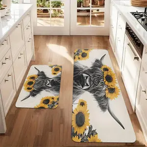 Sunflower & Cattle Pattern Kitchen Rugs, 2 Counts/set Non-slip Kitchen Mat, Kitchen Area Rug, Decorative Carpet for Home Kitchen Living Room Bedroom, Cow Print Rug