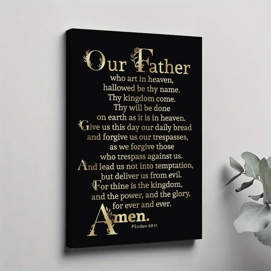 Lightweight Minimalist Our Father Prayer Black-Gold Canvas Wall Art - Christian Scripture Print, Christianity Decor, 20×30in/24×36in(60×90cm), Wooden Framed/Unframed, Wardrobe/Balcony Home Decor, Baptism Gift