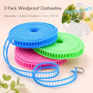 3 Pack Adjustable Windproof Clothesline, 5 m / 197 in Indoor Outdoor Laundry Drying Line with Hooks, Portable Clothes Line for Clothes, Socks, Camping, Travel & Home Use Metal