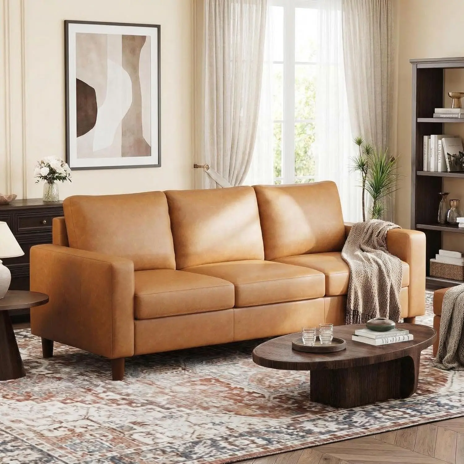 83" Mid Century Modern Sturdy PU Leather 3-Seater Assembled Sofa for Family, 3-Person Comfy Deep Seat Faux Leather Couch with Cushions for Apartment, Living Room, Orange