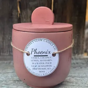 Phoenix 9 oz Coconut Wax Candle with Citrus, Coconut, Lemon, Mandarin, Sea Water, Palm Leaf, Sunflower, Driftwood, Sea Moss