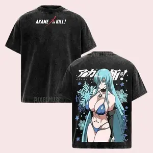 Esdeath Akame ga Kill T-Shirt Ice Queen Blue Neon Acid Oversized Tee, Frozen Style Anime Villainess Bootleg, Heavyweight Fandom Apparel.