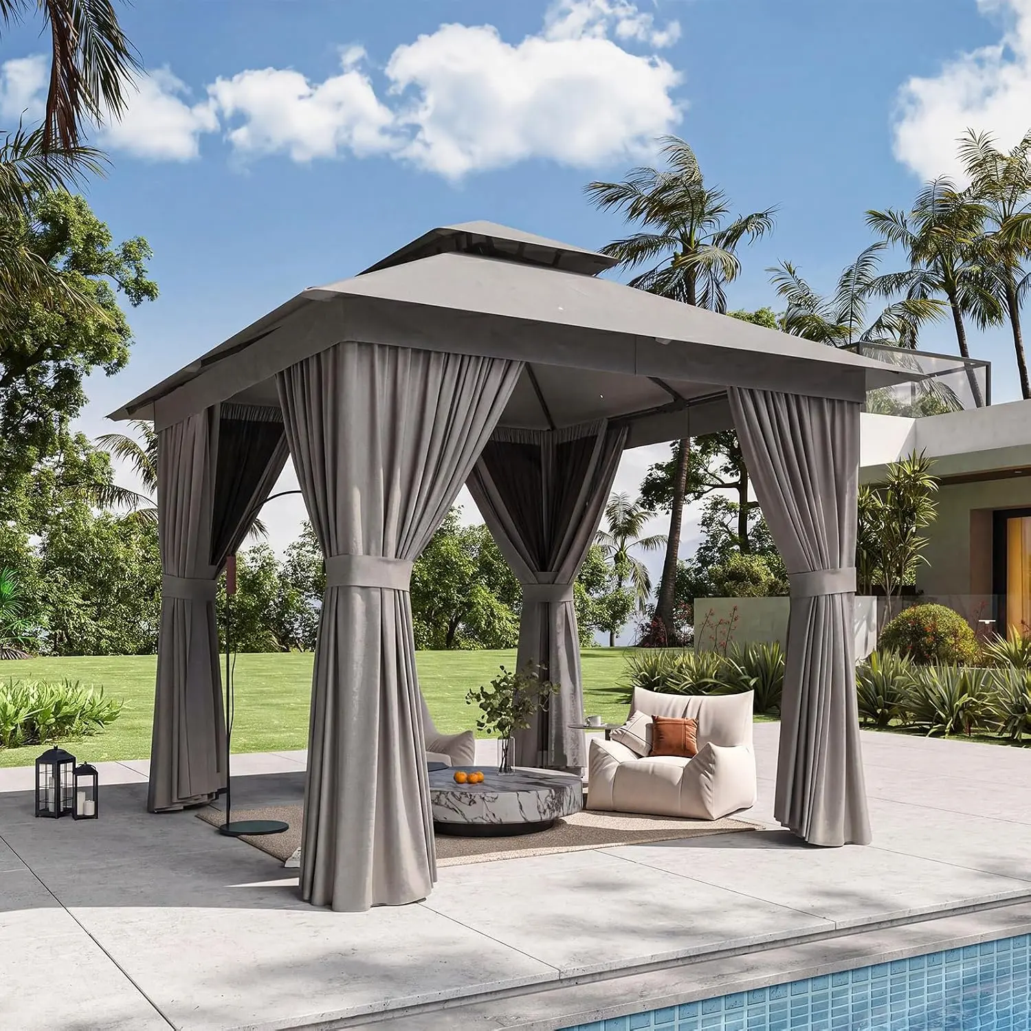 Aoxun 8'x8' Outdoor Gazebo with Mosquito Netting & Curtains, Gray Heavy-Duty Party Tent with Double Vented Roof, Zipper Screen Patio Shelter for Backyard Garden Lawn