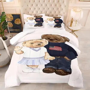 Teddy bear printed pattern bedding set, including 1 blanket and 1 or 2 pillowcases without pillowcases, soft children's or adult bedroom decoration gift