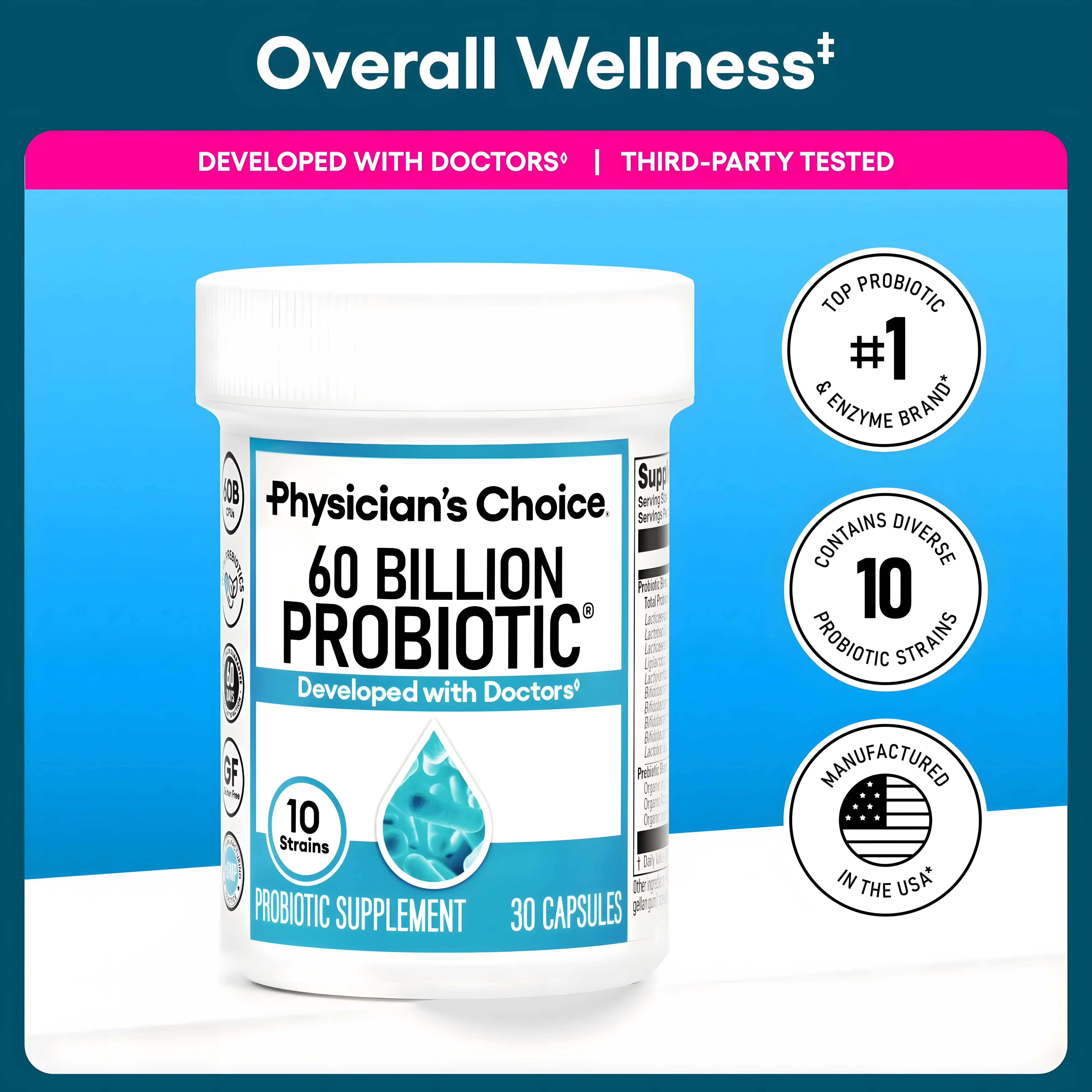 Physician's Choice 60 Billion Probiotic - Daily Gut Health, Digestive & Immune Support for Men and Women with Organic Prebiotics & 10 Unique Strains, Metal Alligator Duck Billed Salon Styling Clips with Holes