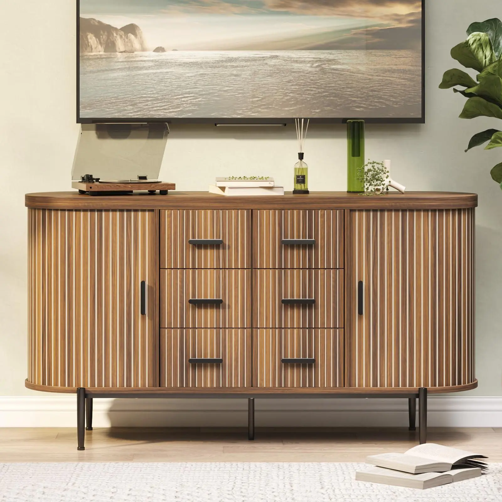 59" Buffet Cabinet with 6 Drawers and 2 Door Cabinets, Fluted Design Sideboard Storage Cabinet with Built-in Shelves for Dining Room Kitchen Living Room, Walnut
