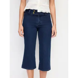 Cider Stretch Denim Washed Mid Rise Metal Detail Flared Capri Jeans