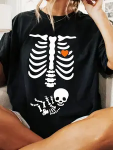 Humorous Pregnancy Reveal T-Shirt for Men - Skeleton Mother & Bone Design - Comical Maternity Party Attire Birthday Or Gender Reveal - Washable Black & White Tee - Ideal Gift for New Moms for Halloween Or Casual Wear with Short Sleeves