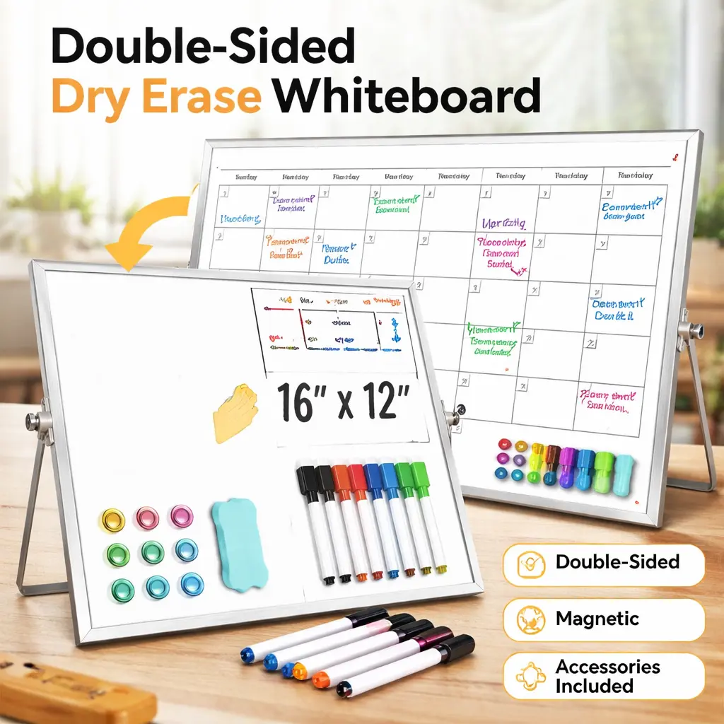 Double-Sided Desktop Whiteboard with Stand – 16"x12" Portable Dry Erase Board for Office, Home, and School, Magnetic Writing Easel with Markers & Eraser