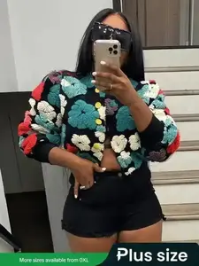 Plus Size Floral Jacquard Button Front Jacket Long Sleeve Round Neck All Seasons Wear 80s Fashion Retro Style Versatile Outerwear Piece Trendy Layering Chic Ladies Smooth Women Elegant Cute Comfort Everyday