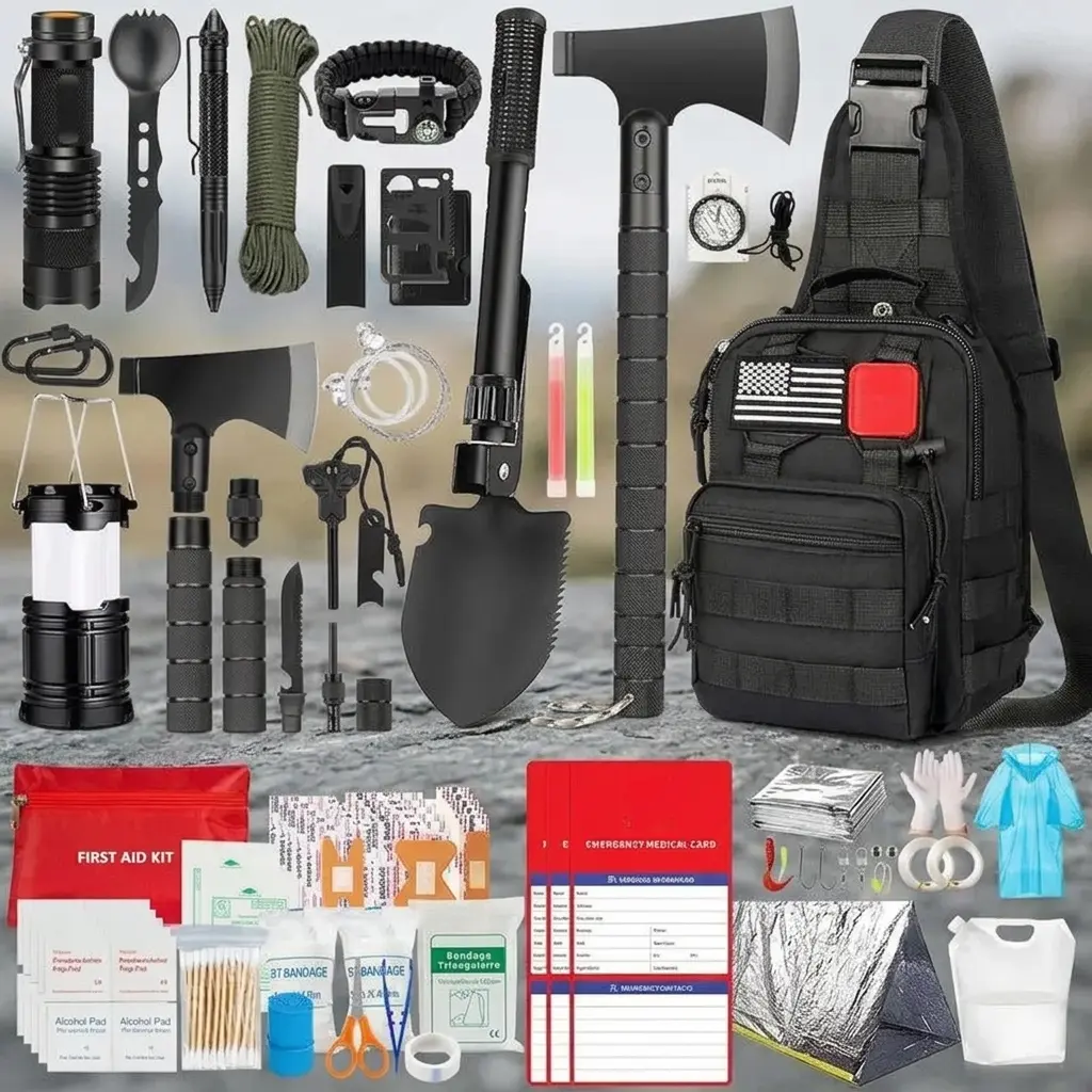 Survival Kit, 262Pcs Emergency Survival Gear Supplies with First Aid Pouch & Crossbody Pack, Outdoor Kit Includes Tent, Camping Axe Hammer, Survival Shovel with Pick, Bug Out Bag Gift for Men Women, Large Capacity Tactical Backpack Outdoor Camping Backpac