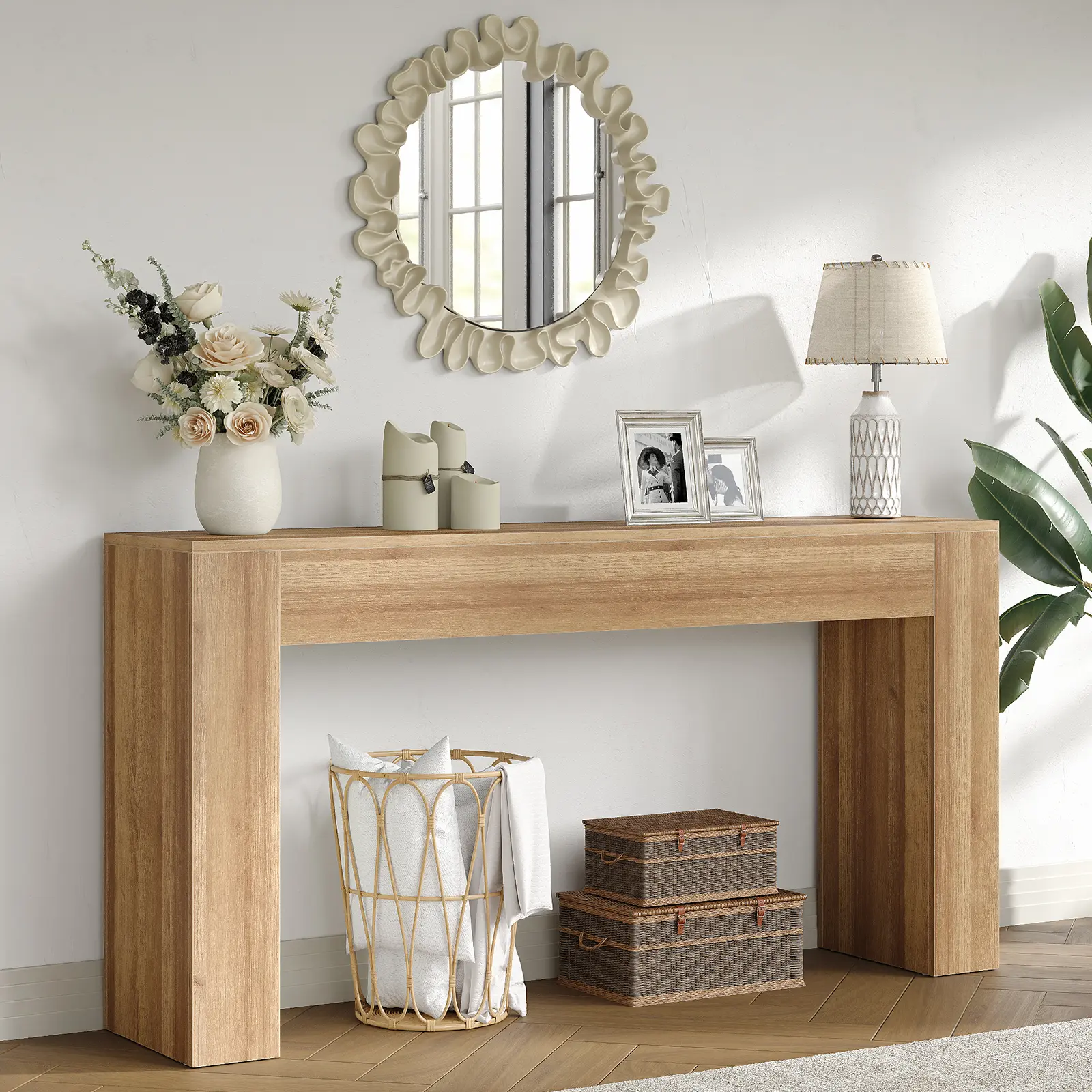FUSOU 63" Wooden Console Table - Modern Farmhouse Country Style Modern Furniture, Waterproof Top Scratchproof Surface Wobble-Free Indoor Piece, Entryway Table for Hallway Foyer That Fits 63" Couch