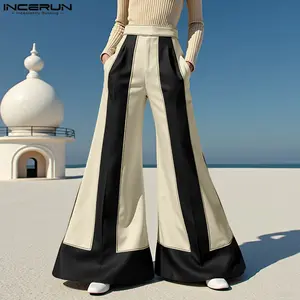 INCERUN Men's 2025 Autumn Vintage-Inspired High-Waisted Colorblock Long Bell-Bottom Pants - Basic Fabric Clothes, Leg-Lengthening Loose Casual Boot-Friendly Plus-Size Streetwear Trousers for Daily Wear, Stage, Leg-Lengthening Men's Pants