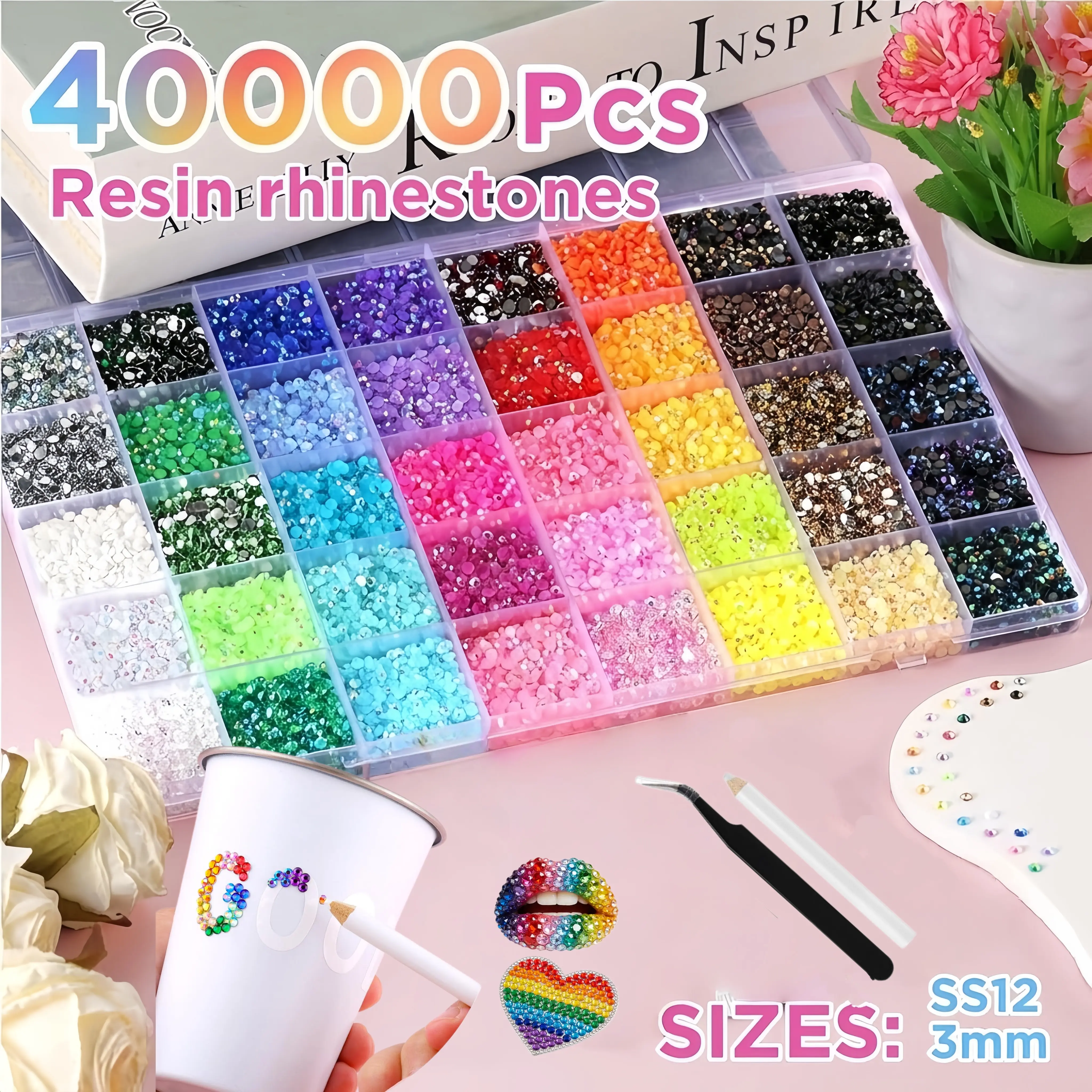 Jelly Rhinestone Bedazzling Kit - 40,000 Pcs 3mm Flatback Resin Gems in 40 Colors for DIY Crafts, Nail Art, and Tumblers, Includes Picker Tools, Create Your Own Bling Style, Bedazzles Easily, Flatback Gems, Use Tweezers, Nail Art Ready, Diy Bling, Easy &,