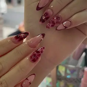 French Wine Red Press On Nails, Simple Petal Flower Design European American Hot Sale Fake Nails