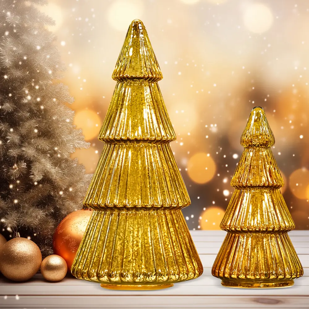 8" Lighted Mercury Glass Christmas Tree, Battery Operated Tabletop Xmas Decor, Elegant Holiday Centerpiece for Mantel, Fireplace, Table & Home