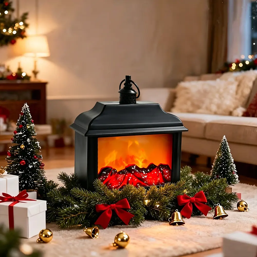 USB Powered Christmas Fireplace Lantern with 3D Realistic Flame Effect, Cordless Portable Tabletop Fake Fire Heater Lamp, Vintage Warm Ambient Night Light for Bedroom Living Room Office, Christmas Winter Cozy Decor Gift